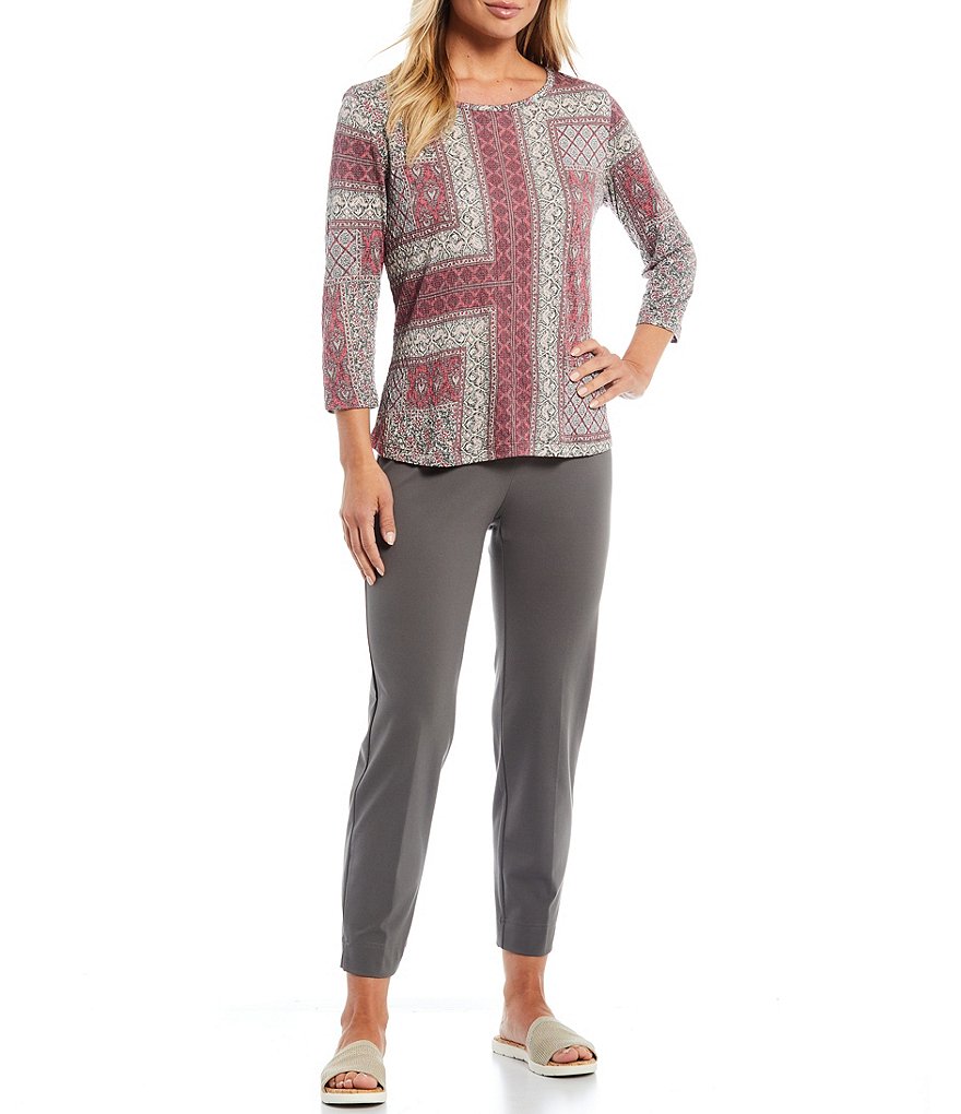 Multiples Petite Size Patchwork Print Wide Neck 3/4 Sleeve Textured Knit Top