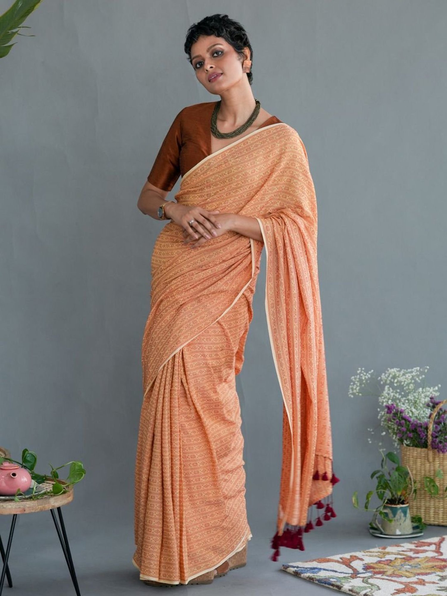 Suta Orange Woven Saree Without Blouse
