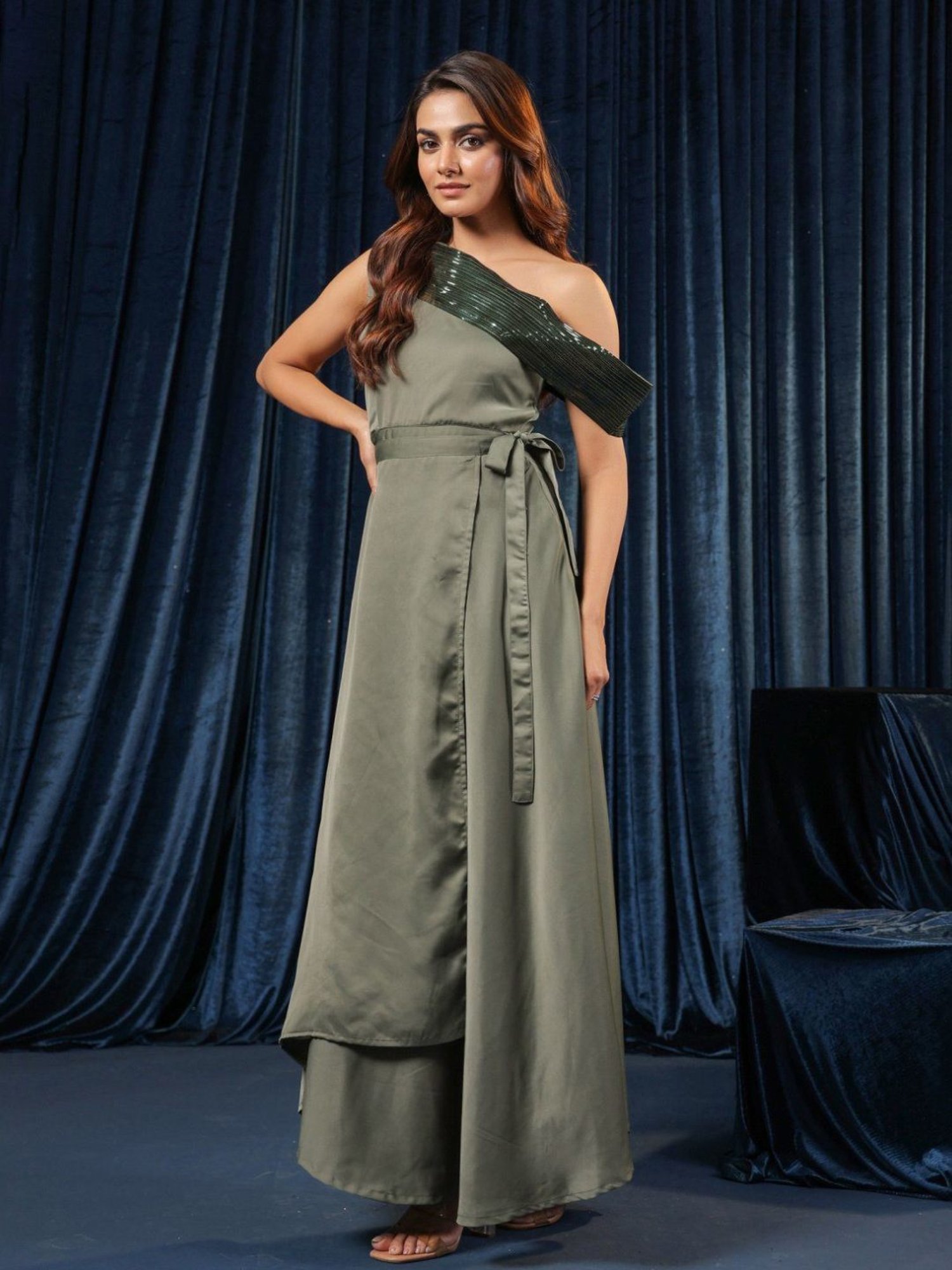 BInfinite Olive Sparkle Sorbet Satin Embellished Dress