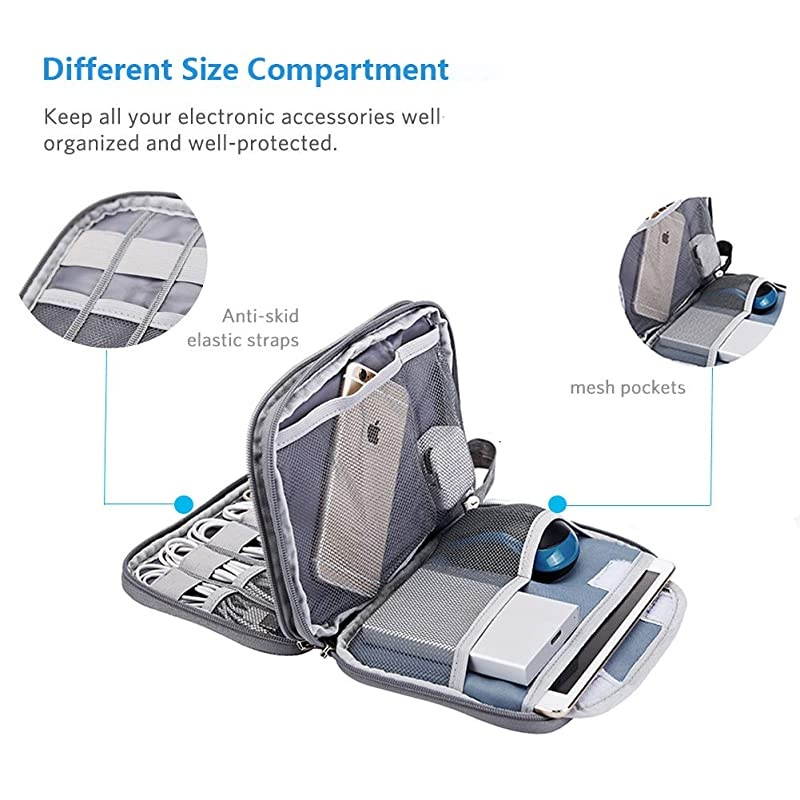 Electronics Organizer Travel Cable Organizer Waterproof Portable Electronics Accessories Case Gadget Bag for 79 IPad Mini Chargers Cord Phone USB SD CardGray