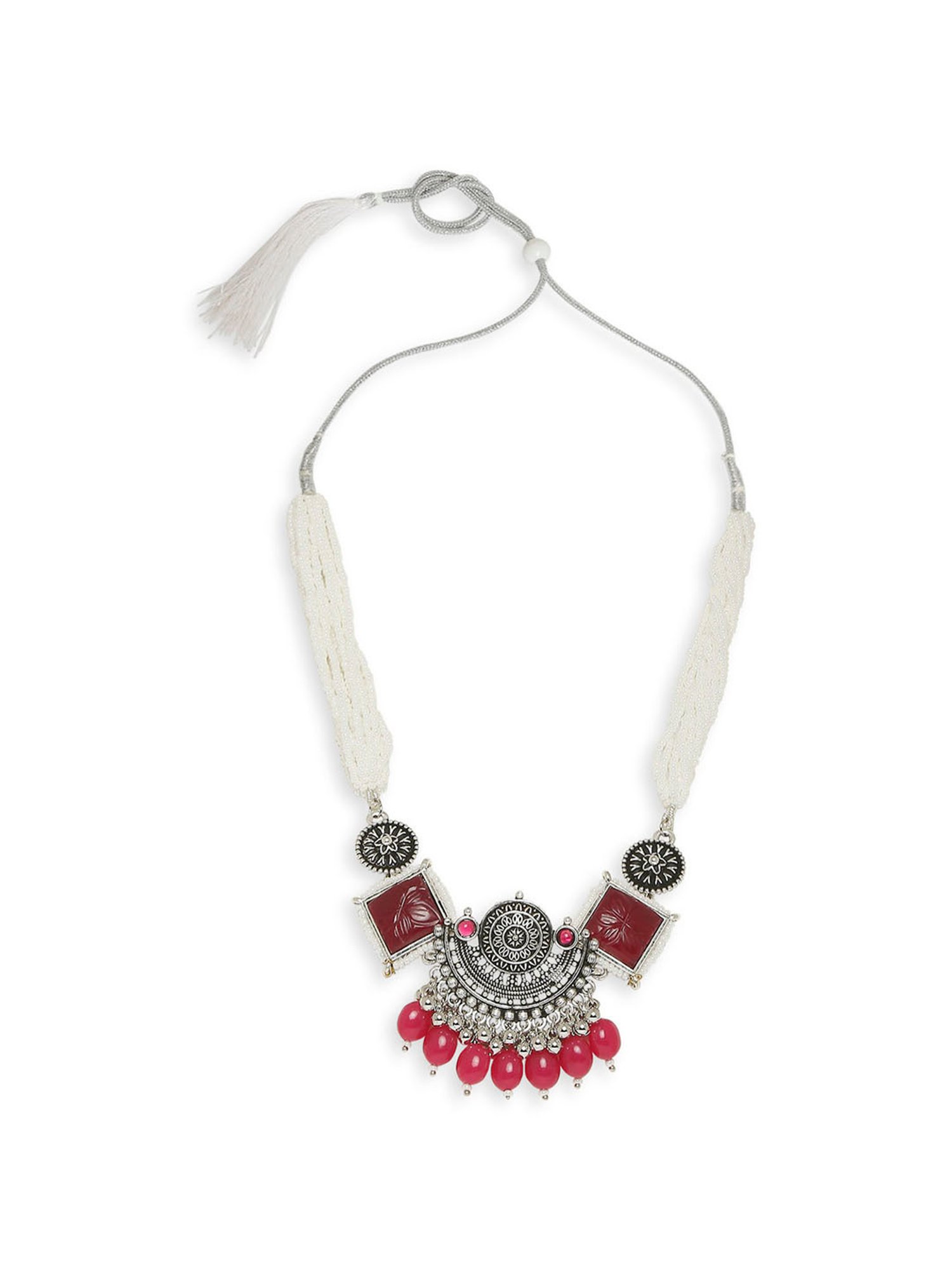 OOMPH Oxidized Silver Tone Maroon PinkJaipur Stone Choker Necklace Set with Drop Earrings