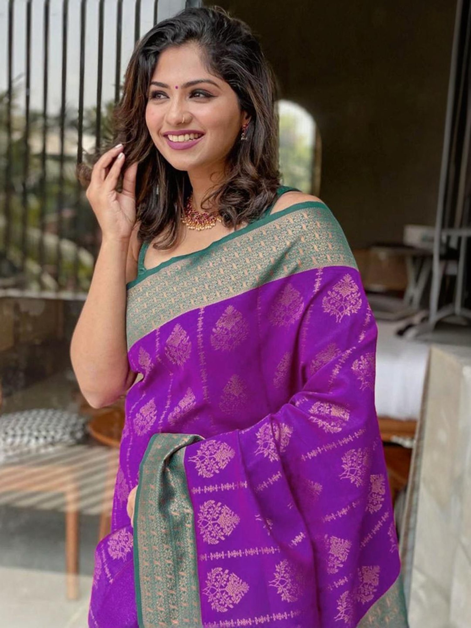 Satrani Purple & Rama Green Woven Saree With Unstitched Blouse