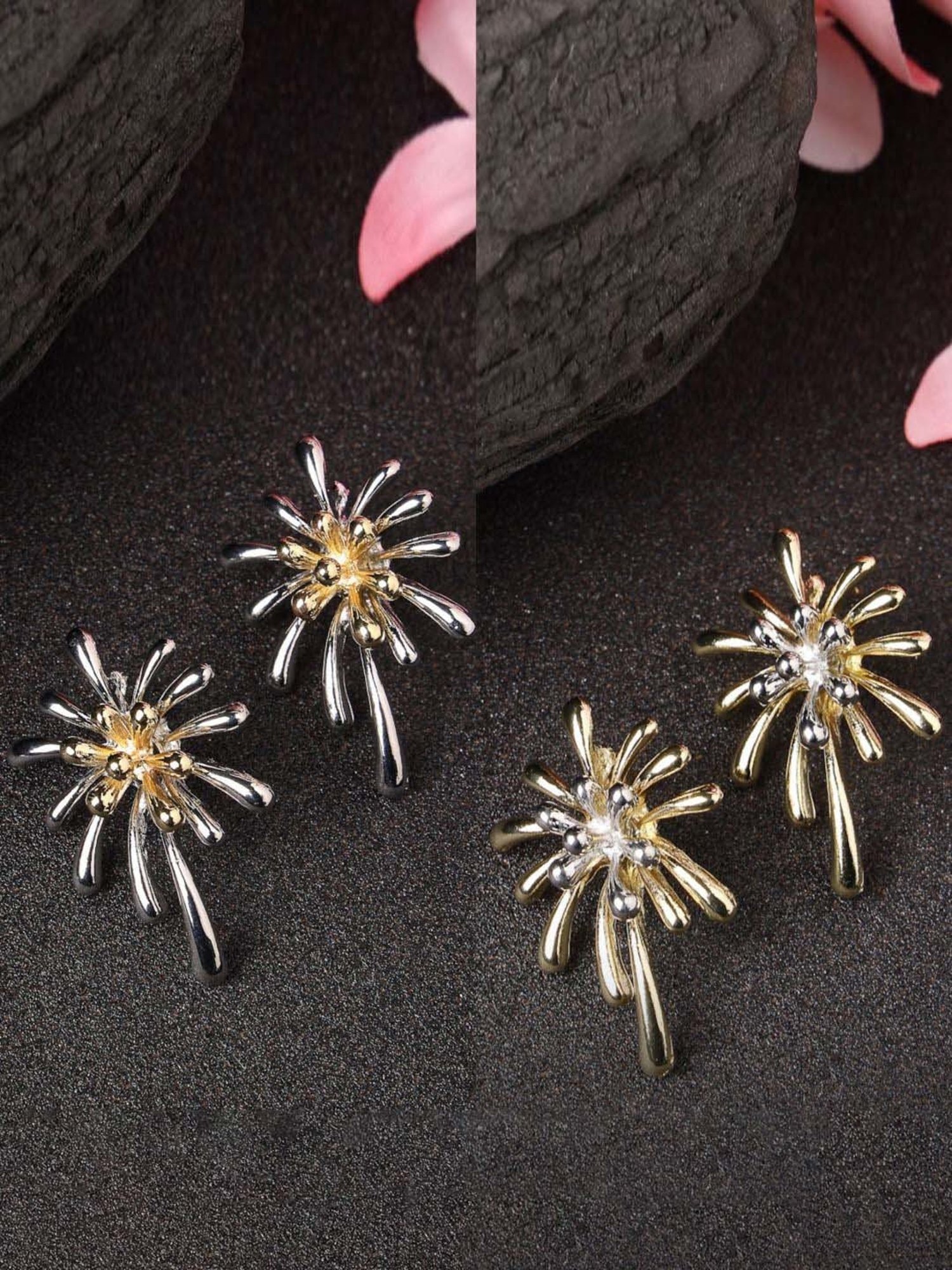 NVR Silver & Gold Brass-Plated Floral Shape Drop Earrings for Women - Set of 2