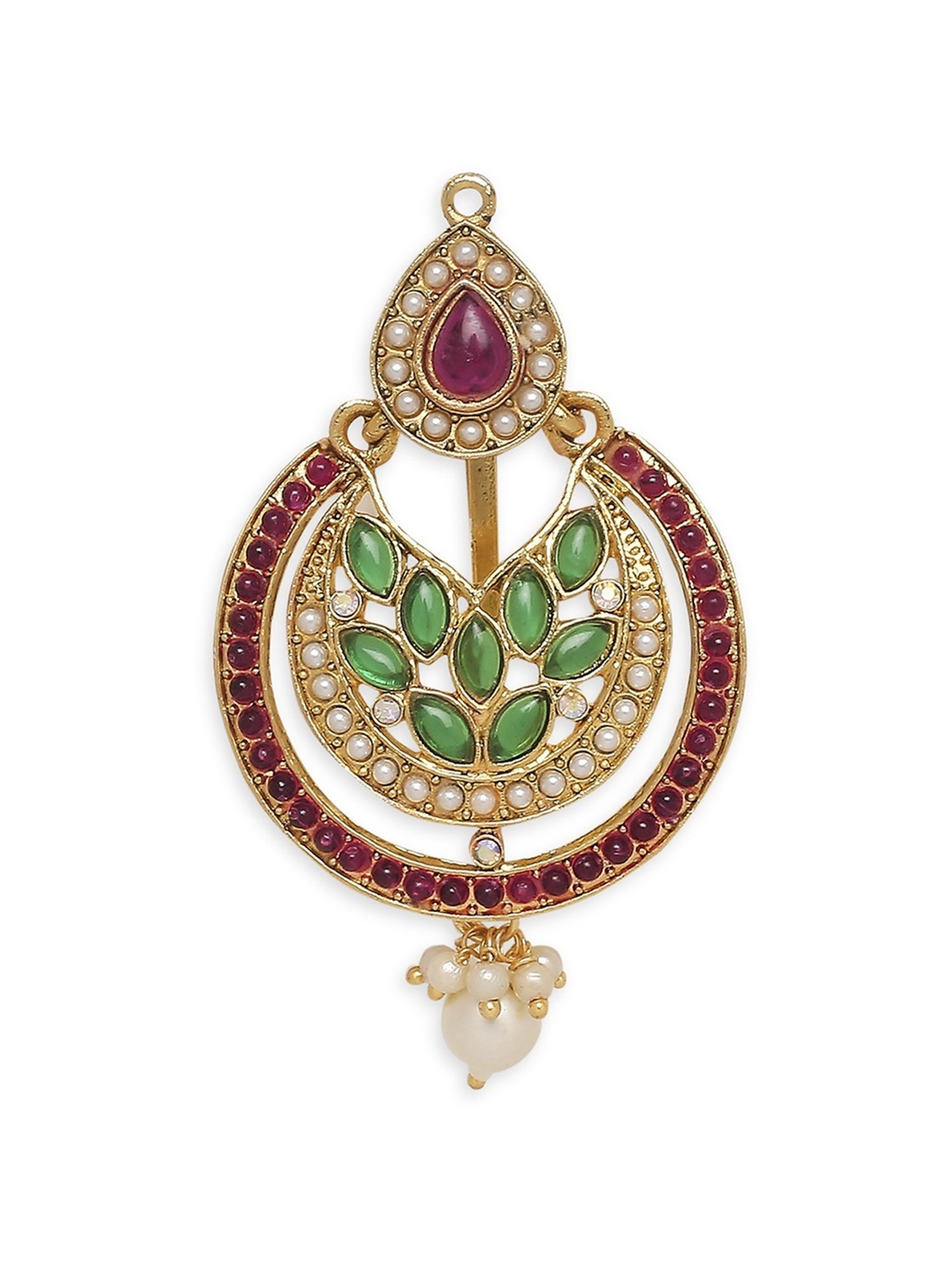 OOMPH Maroon & Green Kemp Stones Ethnic Chandbali Style Hair Bun Pin Juda Pin
