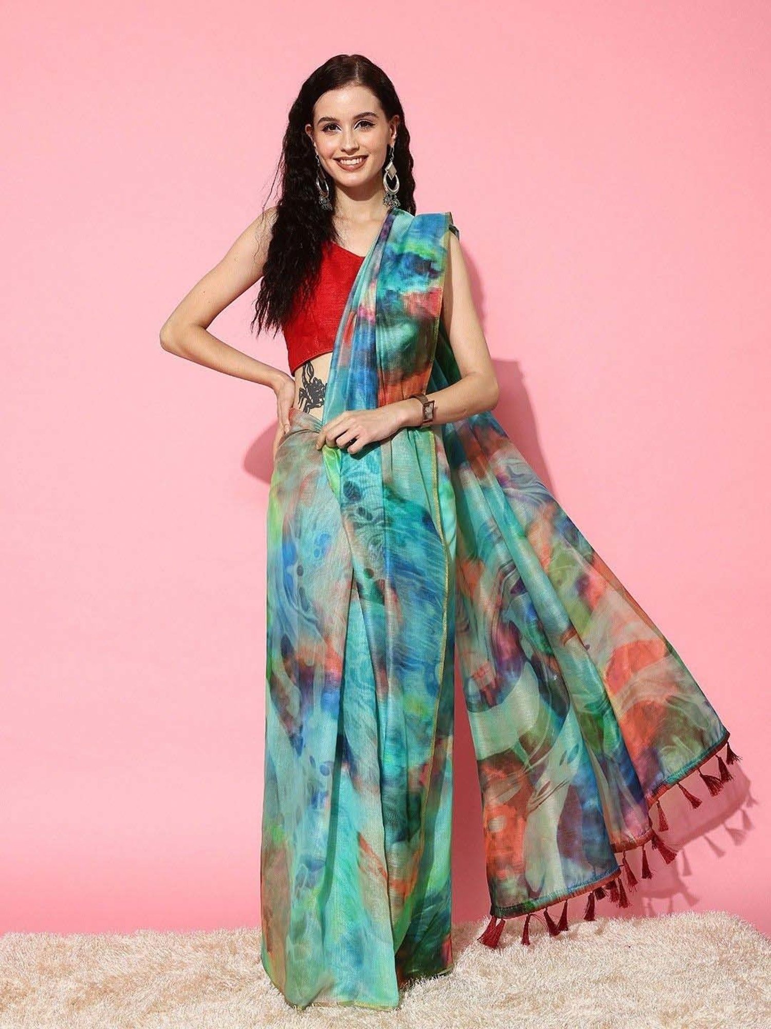 Silk Land Multicolored Tie & Dye Saree With Unstitched Blouse