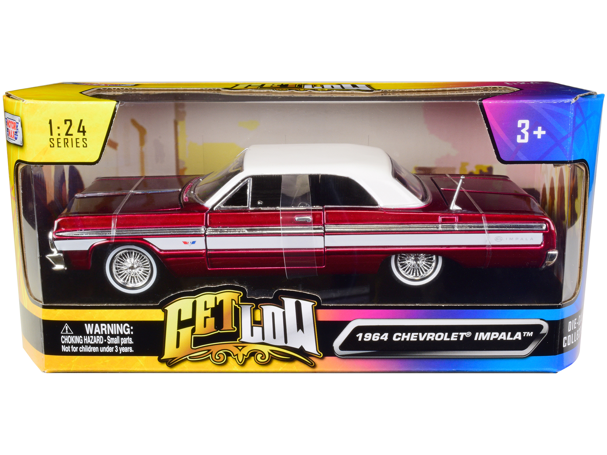 1964 Chevrolet Impala Lowrider Hard Top Candy Red Metallic with White Top "Get Low" Series 1/24 Diecast Model Car by Motormax