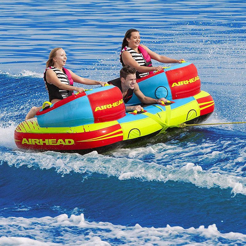 Airhead 1-3 Rider Challenger Inflatable Towable Boating Water Sports Lake Boating Tube with Dual Tow Points, Handles, and Backrest