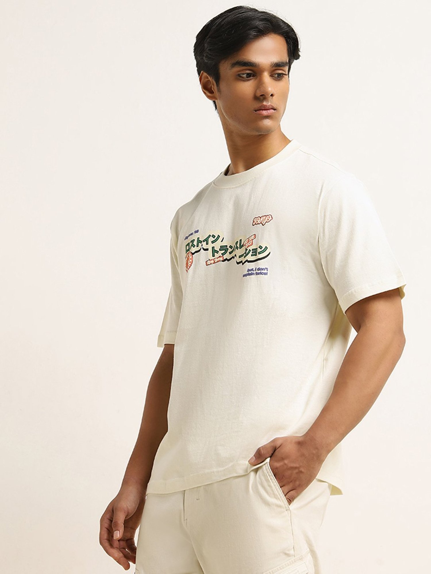 Nuon by Westside Off-White Text Printed Relaxed-Fit Cotton T-Shirt