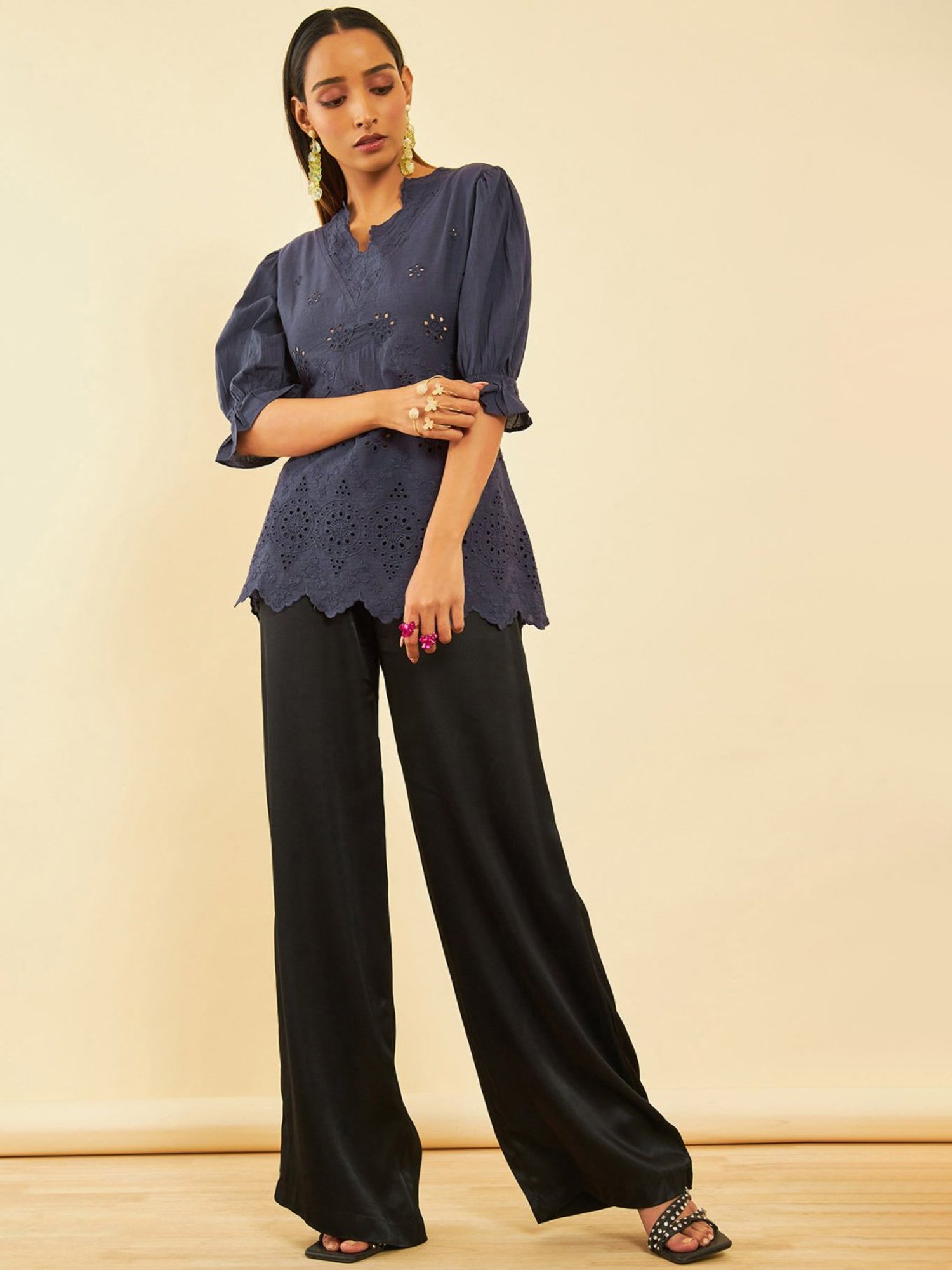 Soch Womens Blue Cotton Floral Schiffli Design Puff Sleeves Tunic