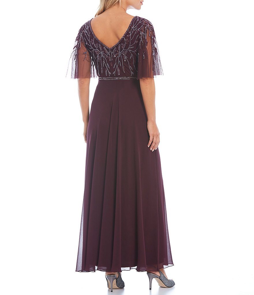 Jkara V-Neck Beaded Bodice Short Flutter Sleeve Gown