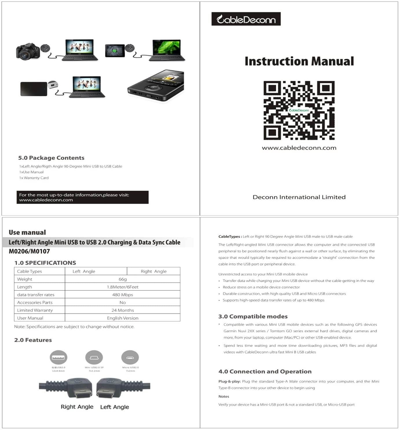 CABLEDECONN 6FT Mini USB B Type 5pin Male Left Angled 90 Degree to USB 2.0 Male Data Car GPS Devices Cable