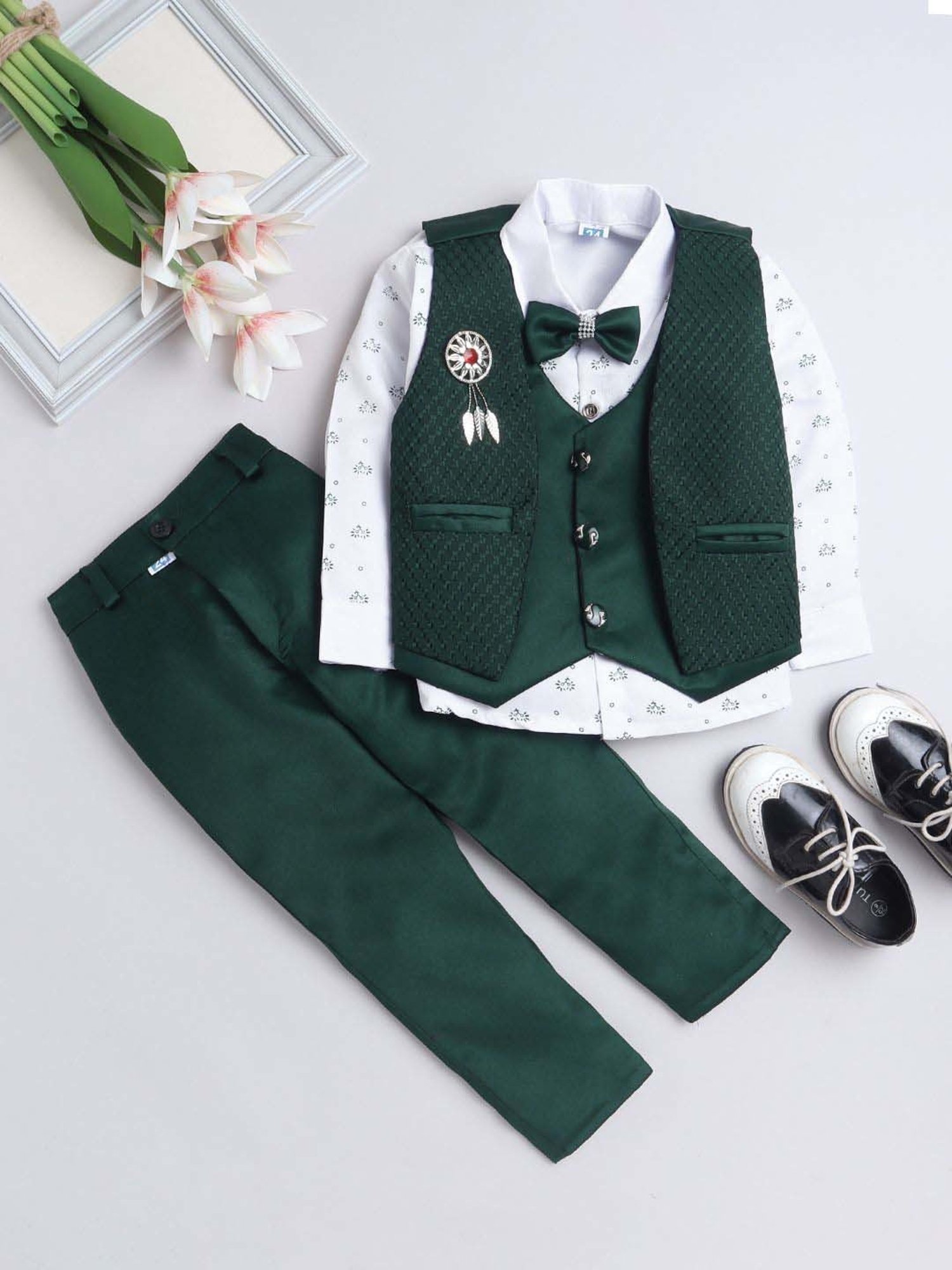 Fourfolds Boys Dark Green Solid Full Sleeves Clothing Set