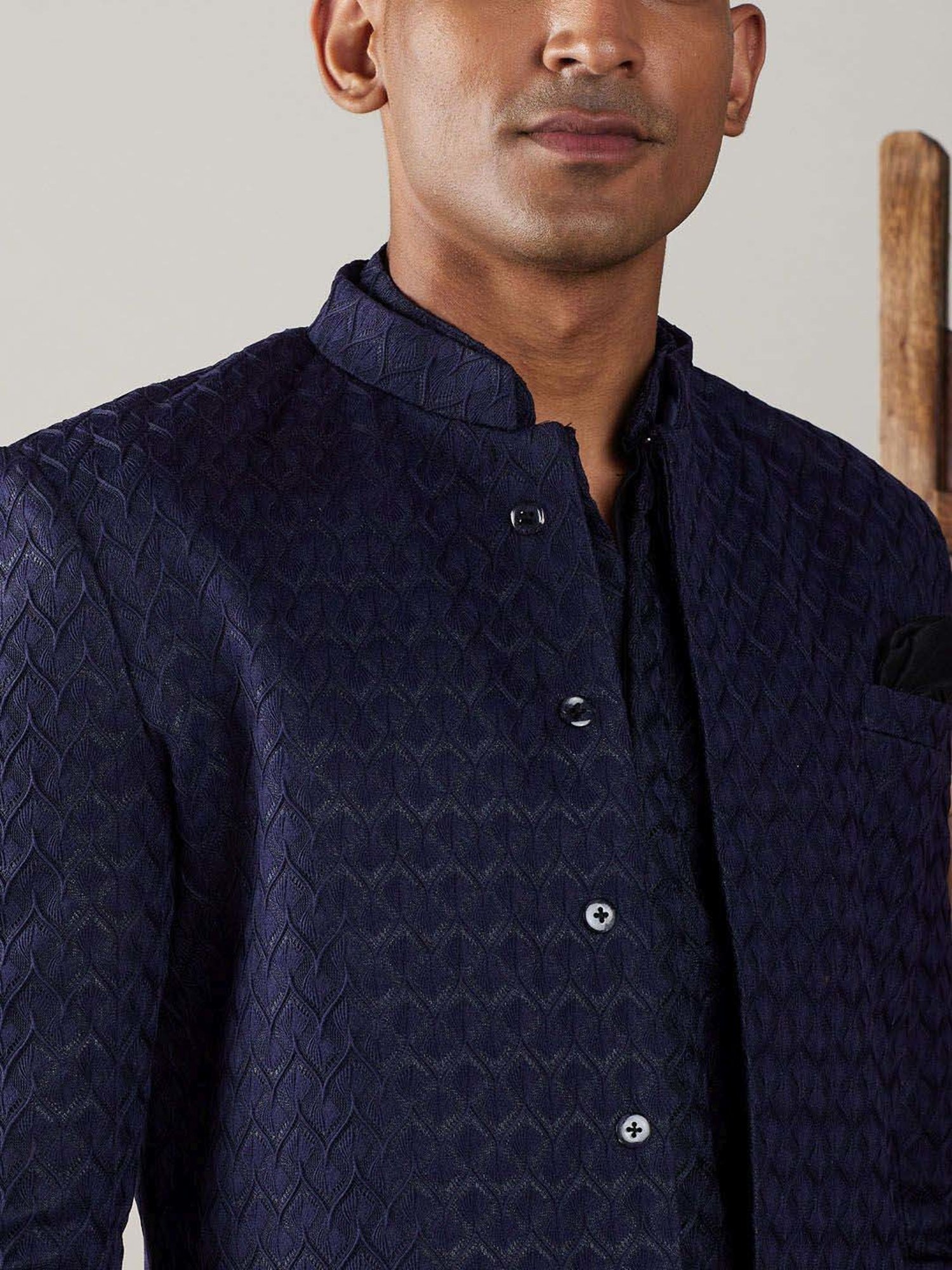 Vastramay Navy Regular Fit Texture Sherwani Set