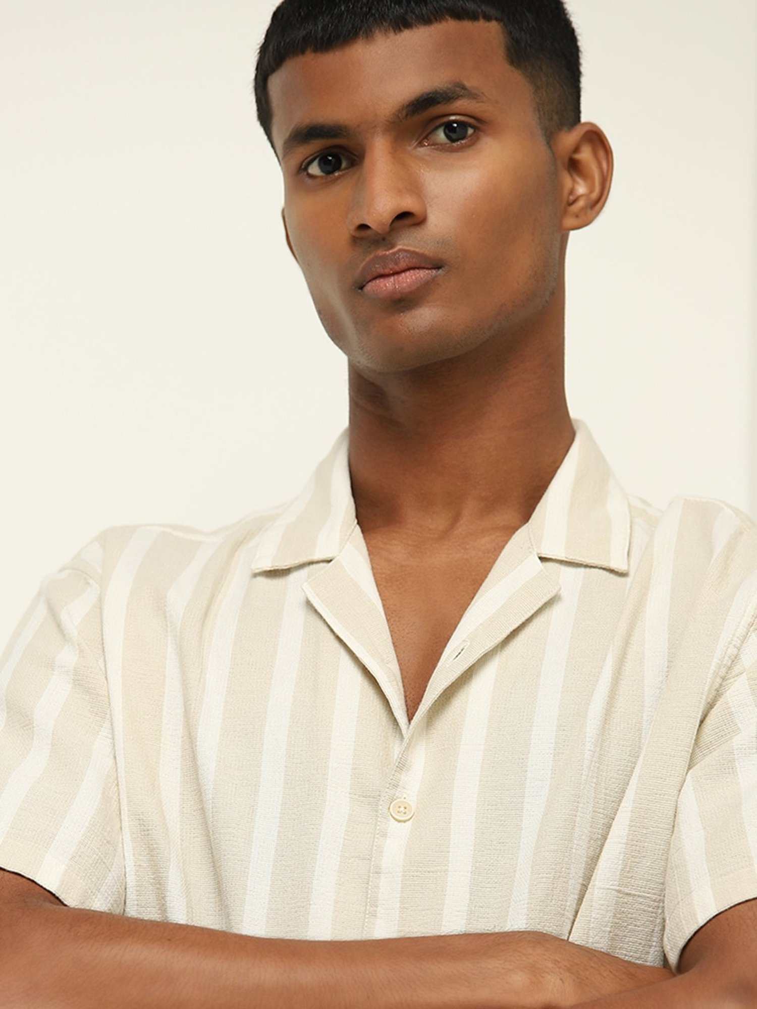 ETA by Westside Light Taupe Striped Relaxed-Fit Cotton Shirt