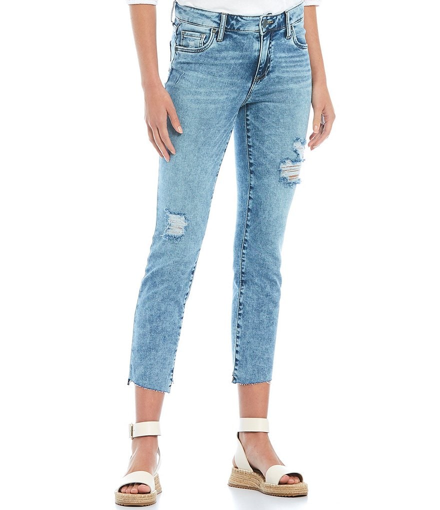 KUT from the Kloth Reese Destruction Detail Straight Leg Slant Raw Hem Ankle Jeans