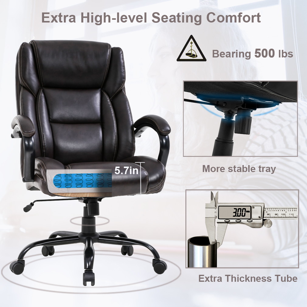Big and Tall Office Chair 500lbs Wide Seat Ergonomic Desk Chair Task High Back Executive Chair Rolling Swivel PU Computer Chair with Lumbar Support Armrest Adjustable Chair for Heavy People, Brown