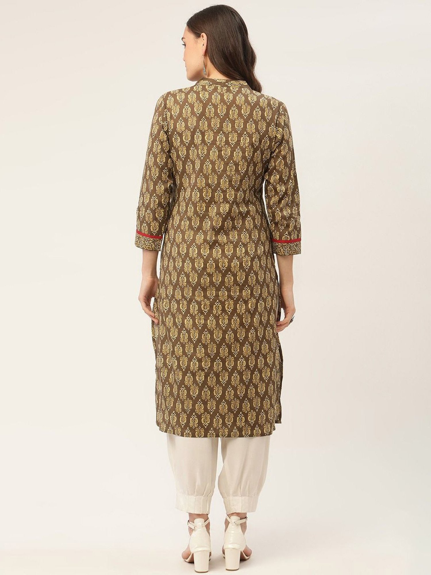 Jompers Brown & Green Pure Cotton Printed Straight Kurta
