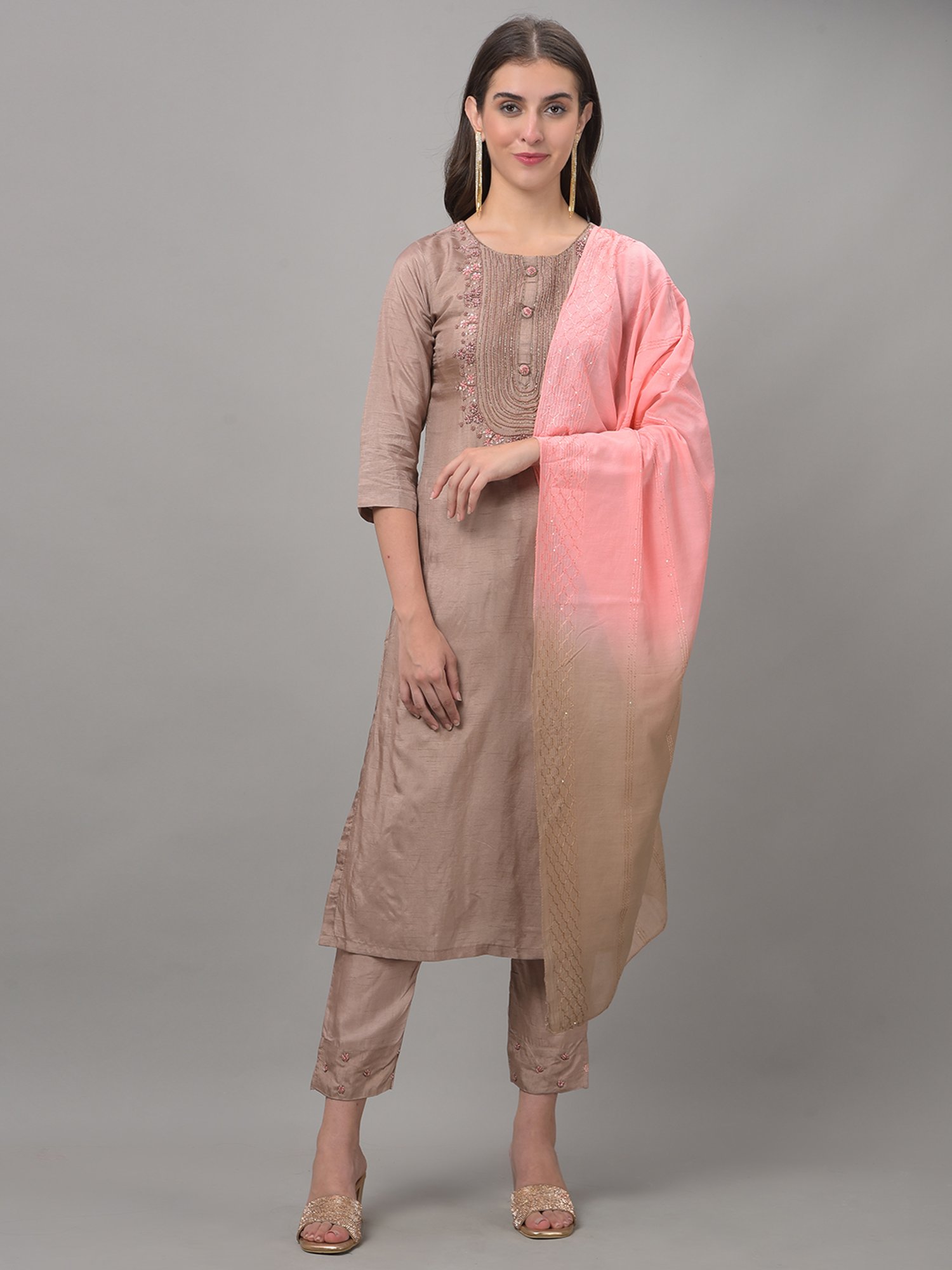 Dollar Missy Beige Embellished Kurta With Pants & Dupatta
