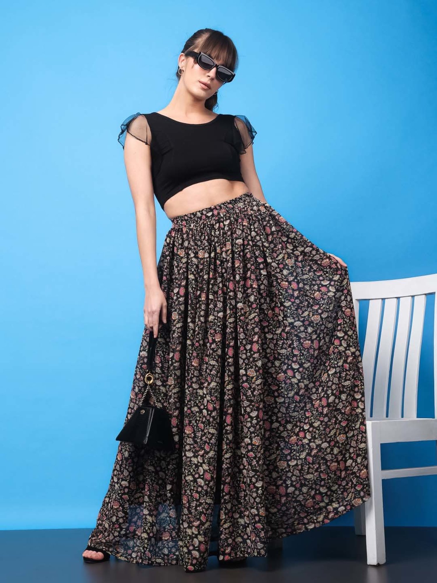 Belle Fille Sky Blue & Beige Printed Skirt