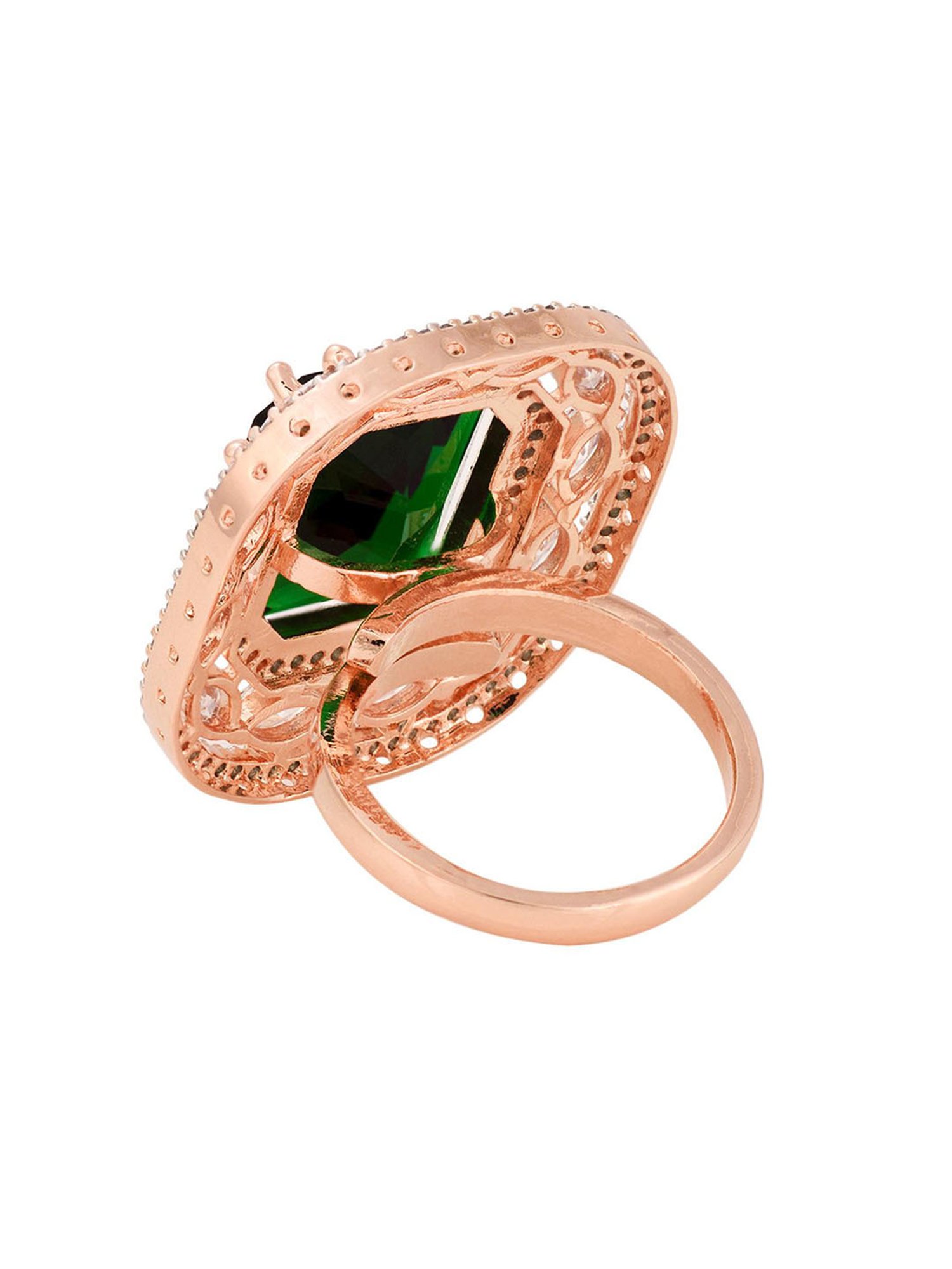 Saraf RS Jewellery Rose Gold Emerald Green Studded Adjustable Statement Cocktail Finger Ring