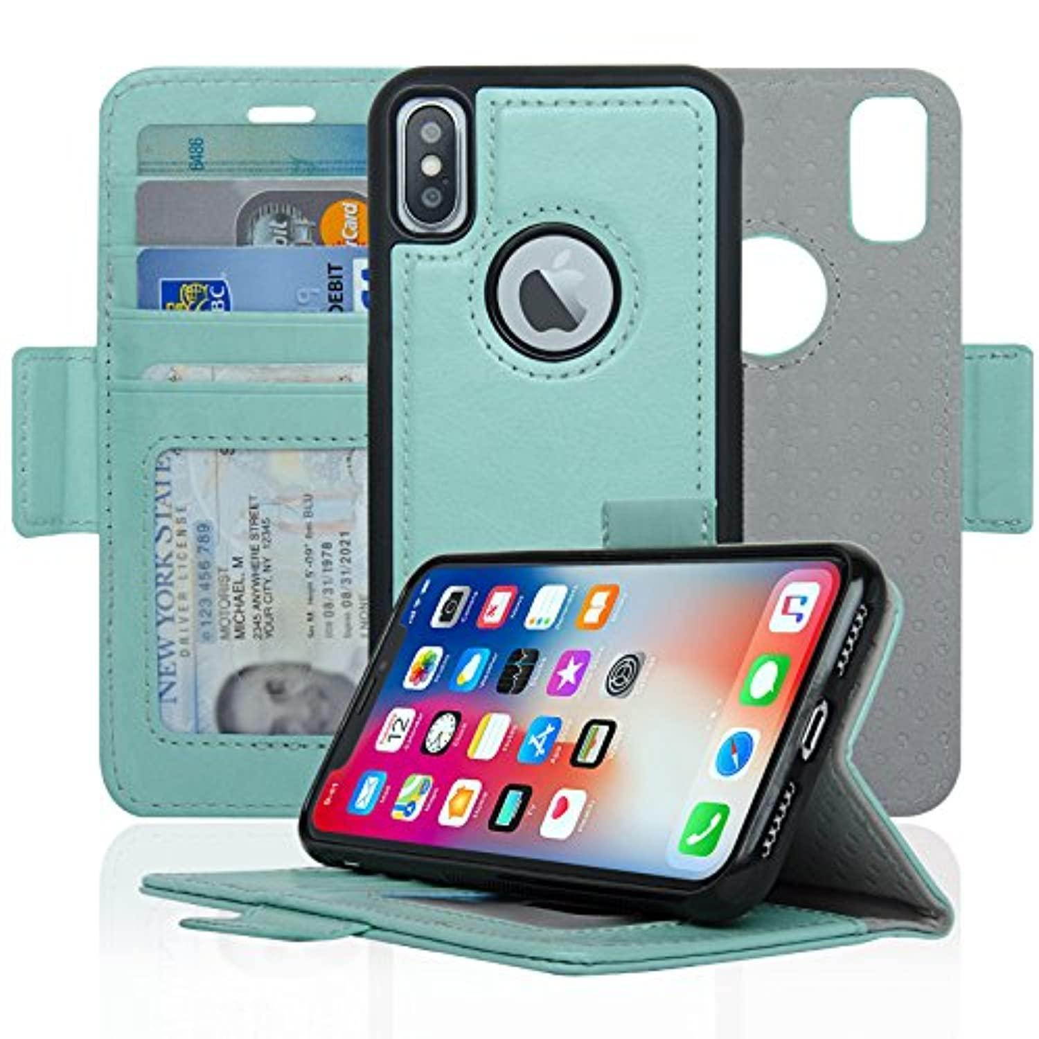 navor detachable magnetic wallet case rfid protection, logo hole, compatible for iphone xs/x [vajio series]-mint
