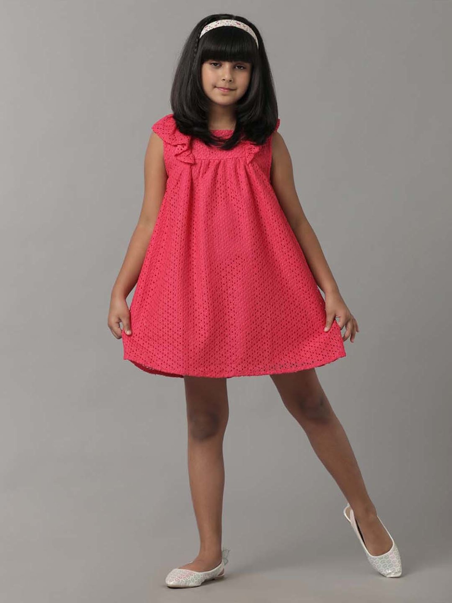 Under Fourteen Only Kids Pink Self Pattern Dress