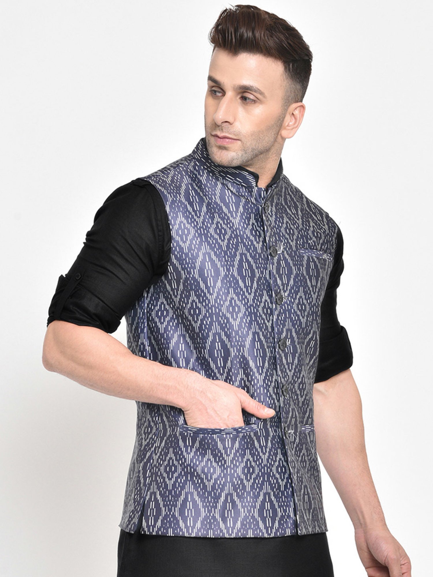 Hangup Plus Grey Regular Fit Printed Nehru Jacket