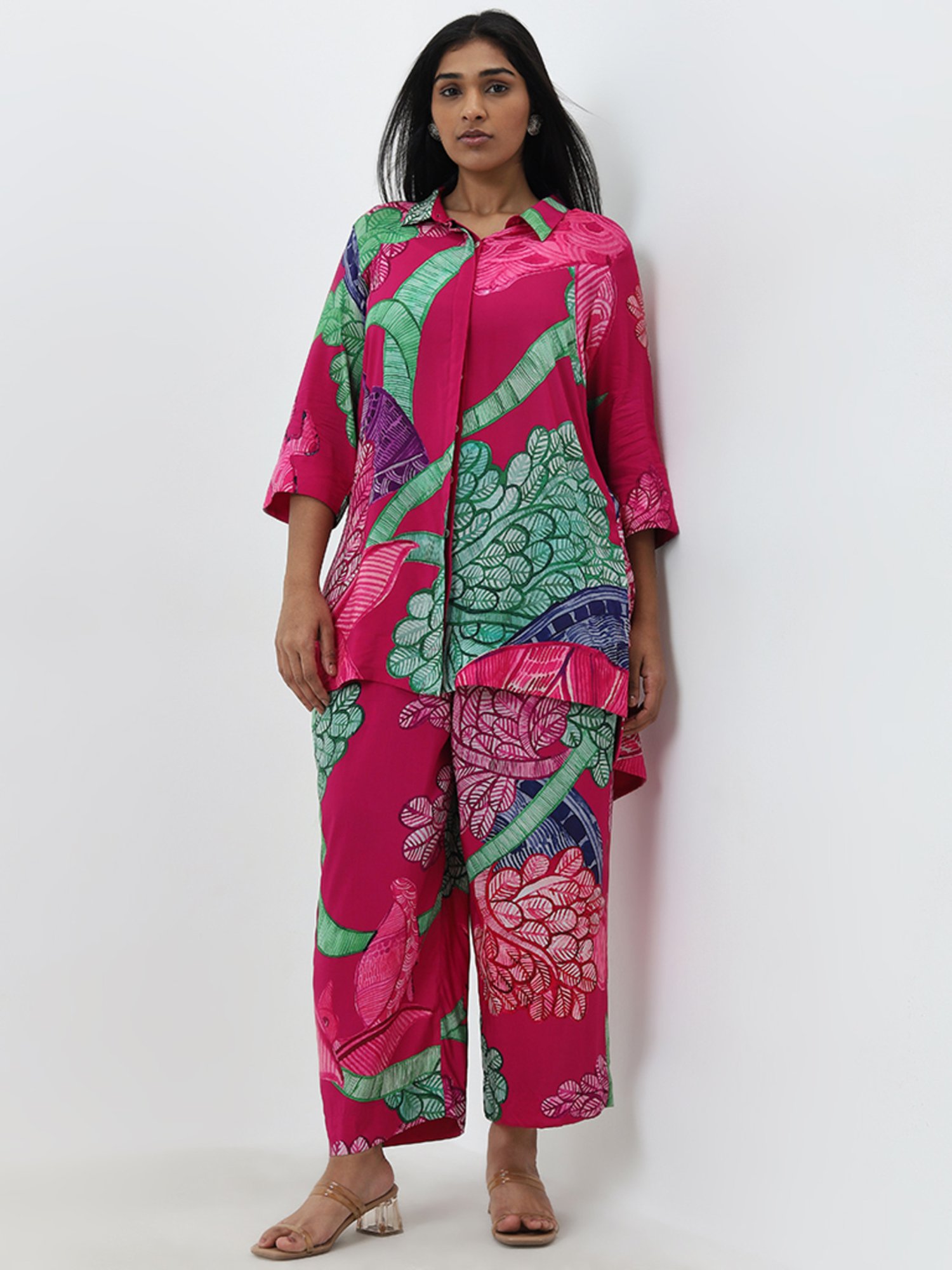 Diza by Westside Fuschia Pink Leaf Design Straight Ethnic Tunic