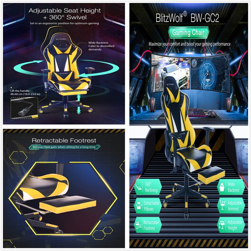 Gaming Chair Office Chair High Back Computer Chair Ergonomic Design 180&deg;Reclining Adjustable Armrest Footrest Widen Backrest Home Office - Yellow