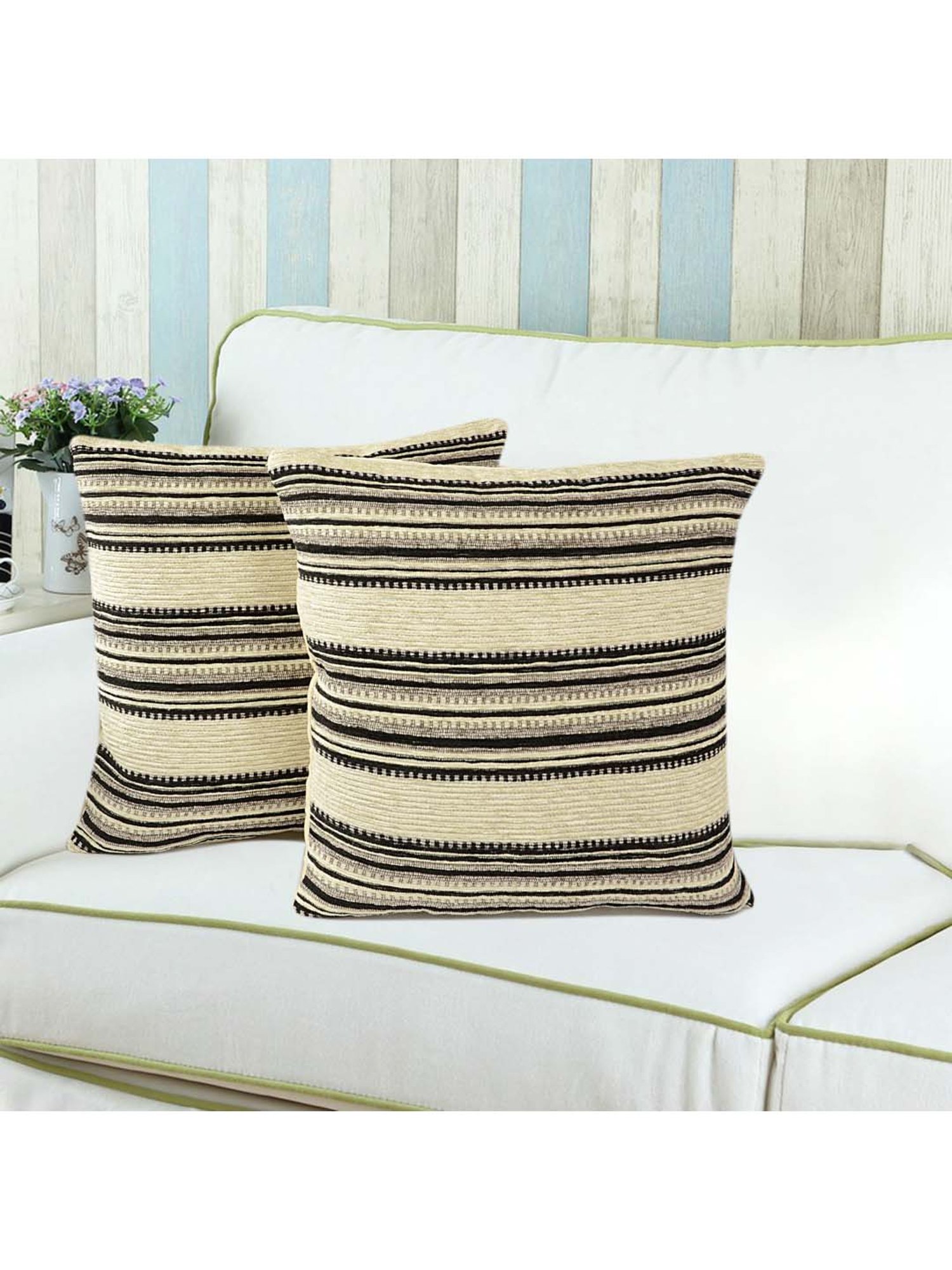 Saral Home Beige & Black Chenille Cushion Covers - Set of 2