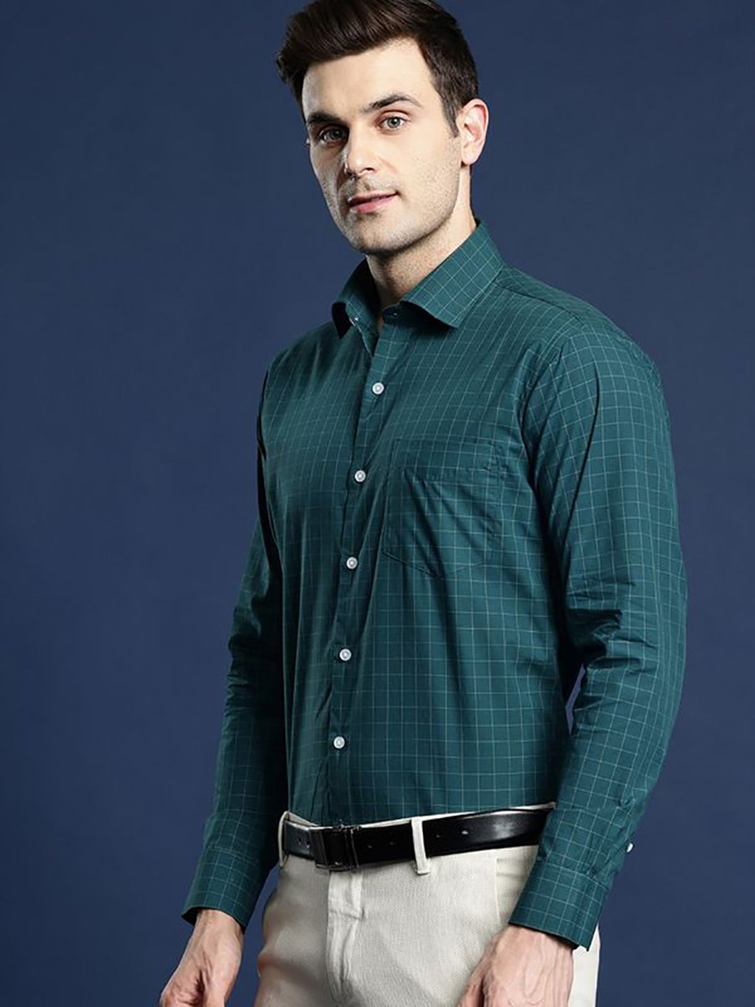 Hancock Green Cotton Slim Fit Checks Shirts