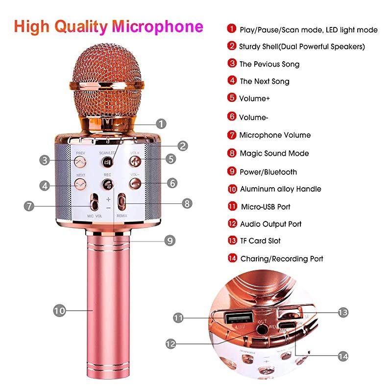 Bluetooth 4 in 1 Karaoke Wireless Microphone with LED Lights, Portable Microphone for Kids, Girls, Boys and Adults (Pink)