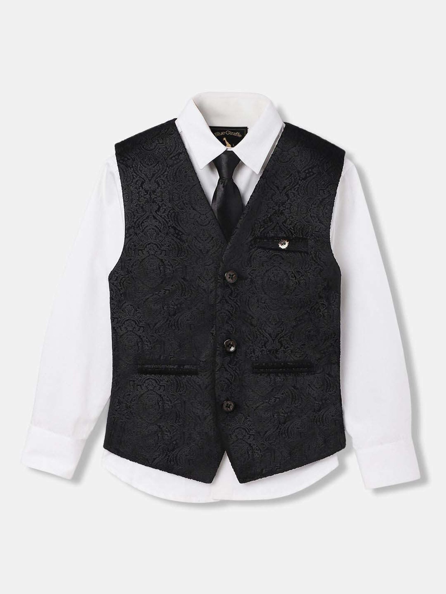 Blue Giraffe Boys Black Textured Full Sleeves Waistcoat Set