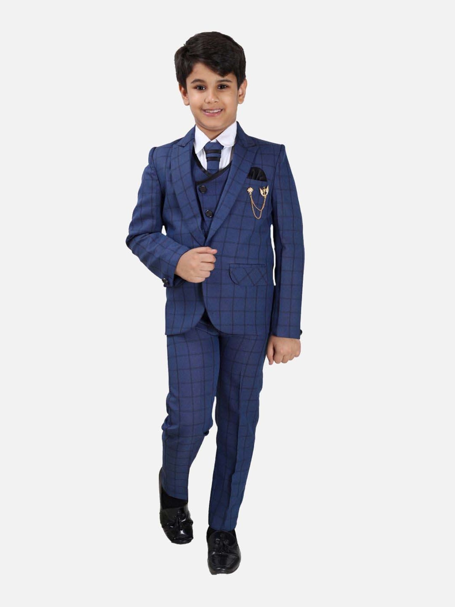 Fourfolds Boys Blue Checks Full Sleeves Suit Set