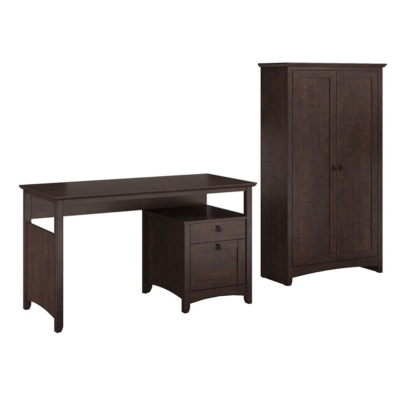 Bush Furniture Buena Vista Home Office Desk w/Tall Storage Cabinet Madison Cherry BUV026MSC
