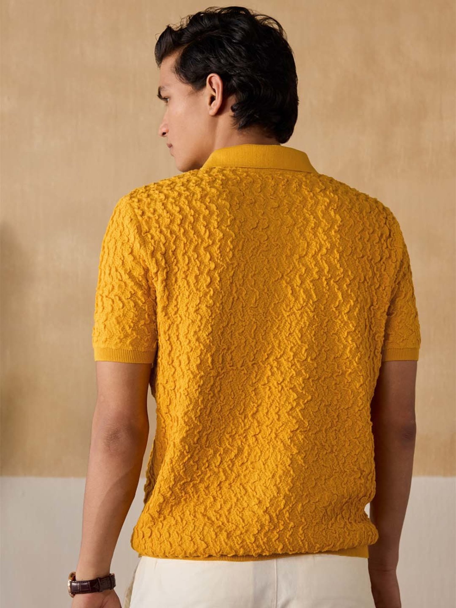 Andamen Yellow Cotton Regular Fit Self Pattern Polo T-Shirt