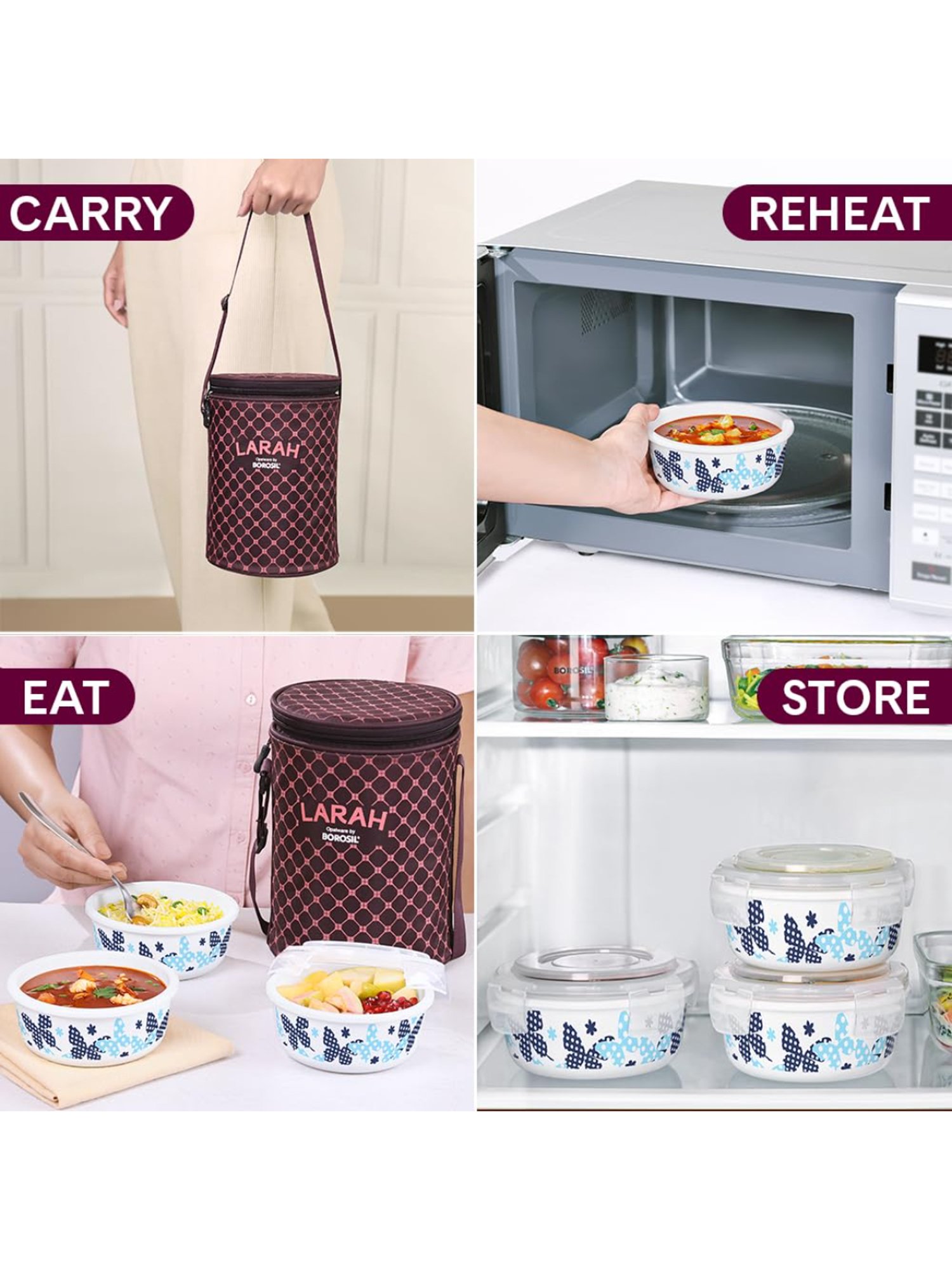 Larah by Borosil Blue Opalware Lunch Box with Lunch Bag