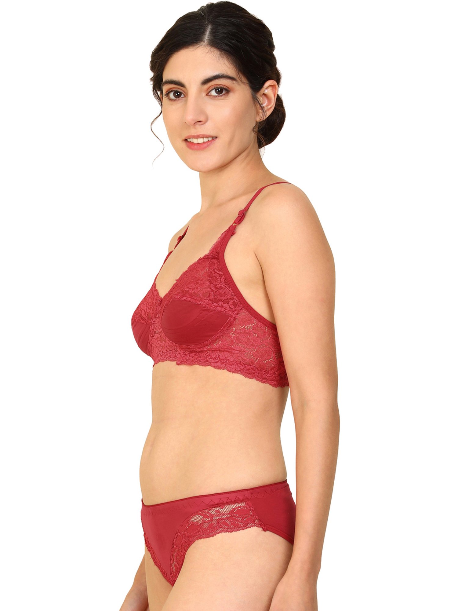 AROUSY Red Cotton Self Pattern Bra Panty Set