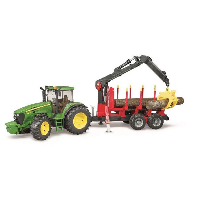 Bruder John Deere 7930 Forestry and Farm Tractor with Logging Trailer, Articulated Crane Arm and 4 Tree Trunks