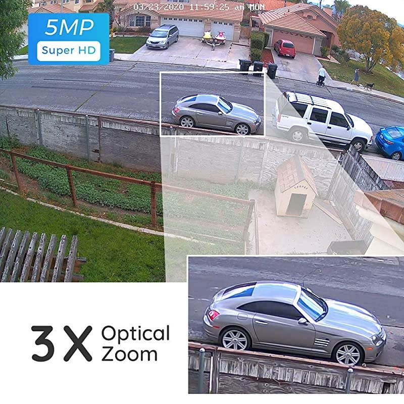 5MP PoE Turret Security Camera Super HD 3X Optical Zoom IP66 Waterproof with Builtin Micro SD Card Slot Outdoor Indoor Camera Ceiling Mount 100ft IR Night Vision AudioCan not Pan RLC522