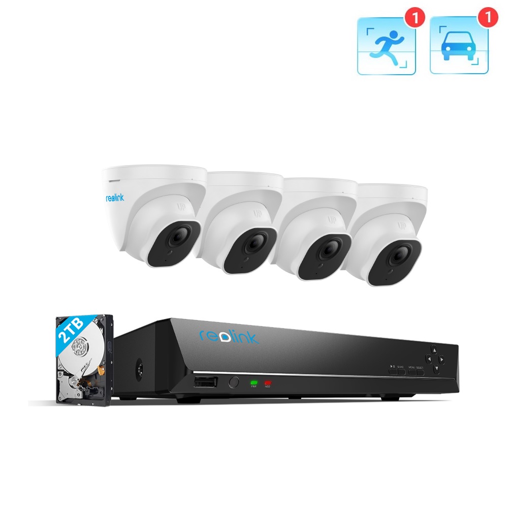 Reolink 8CH 4K Security Camera System 4pcs 8MP Smart Person/Vehicle Detection Wired Outdoor PoE IP Dome Cameras and 8CH 2TB HDD NVR for 24/7 Recording, RLK8-820D4-A