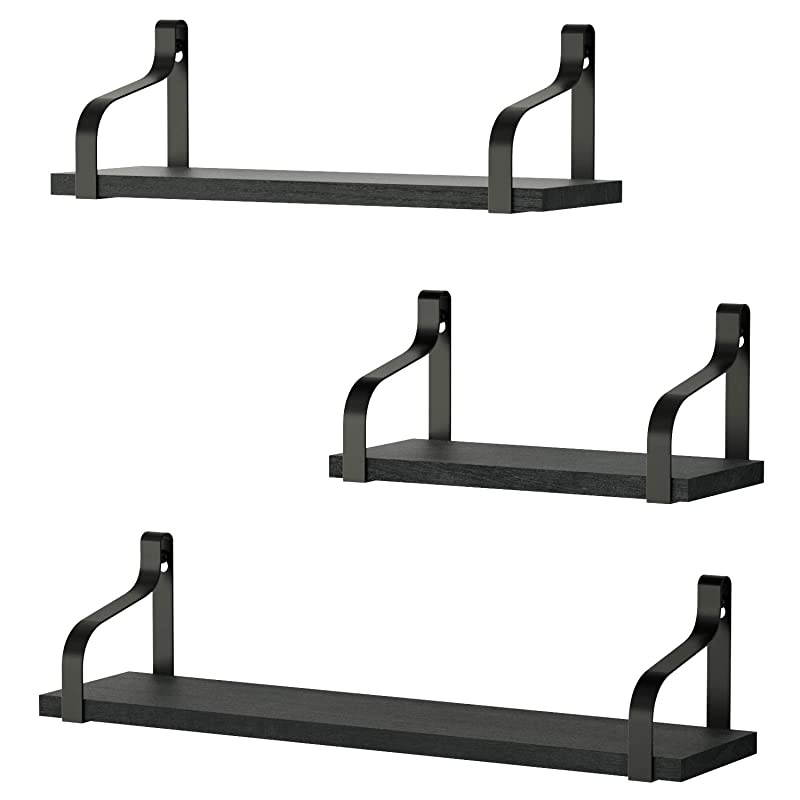 Floating Shelves Wall Mounted Rustic Wood Wall Shelves Set of 3 for Bedroom Living Room Bathroom Kitchen Black