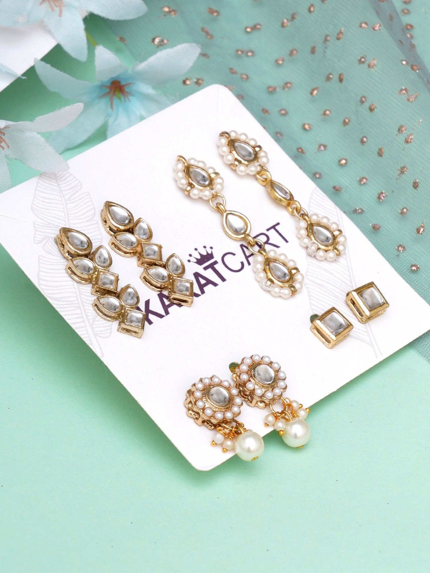 Karatcart Handcrafted Kundan Dangler & Stud Earrings - Set of 4