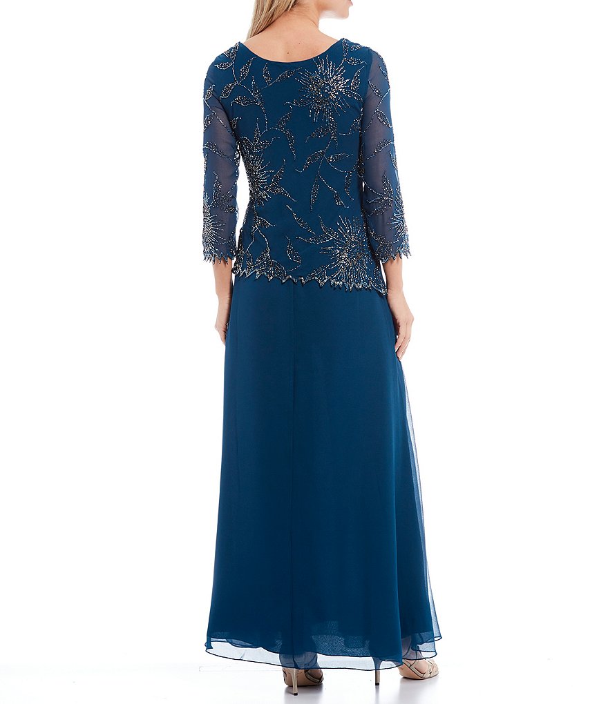 Jkara Asymmetrical Beaded Bodice 3/4 Sleeve Chiffon Gown