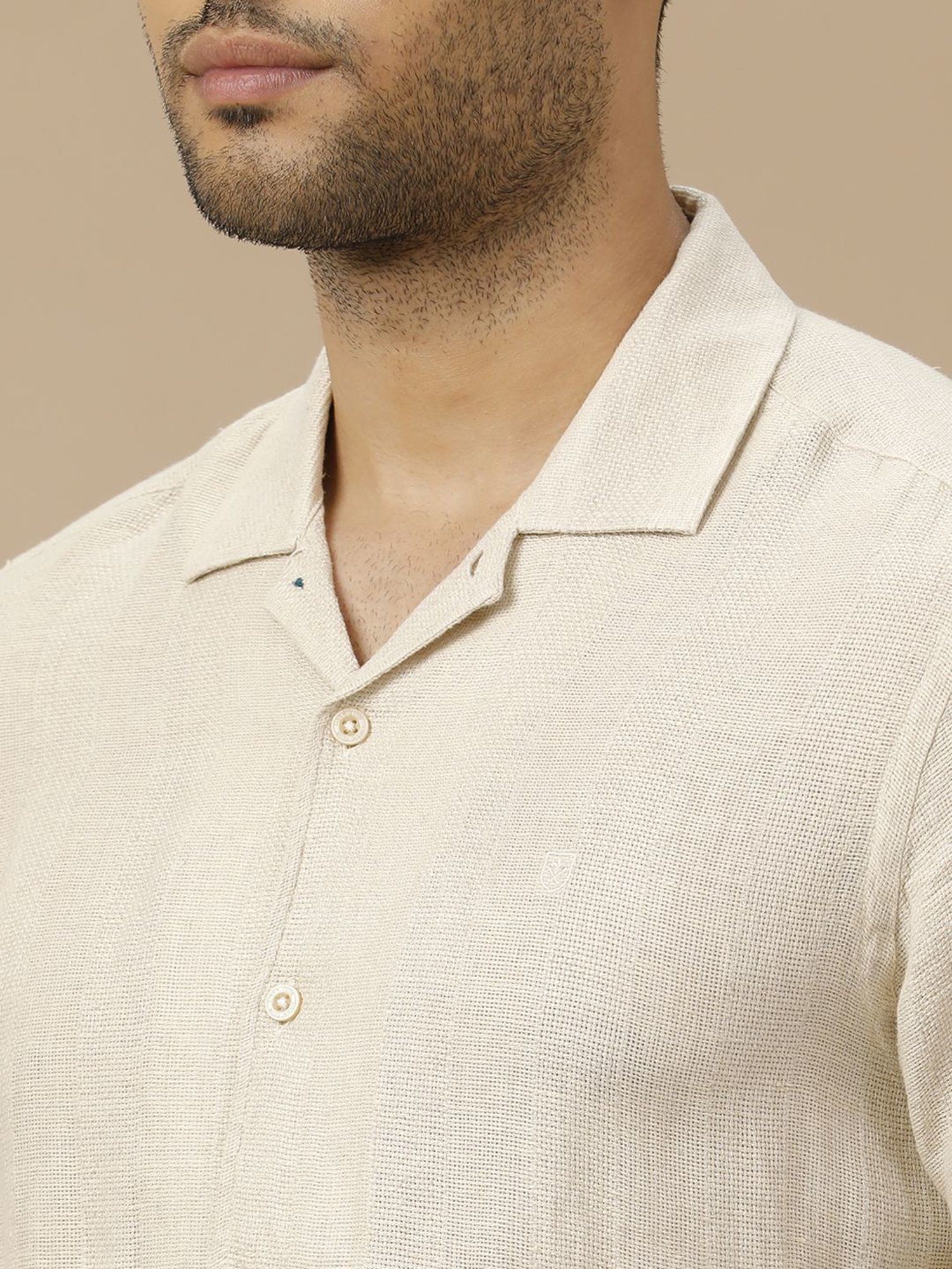 Linen Club Beige Linen Contemporary Fit Texture Shirt