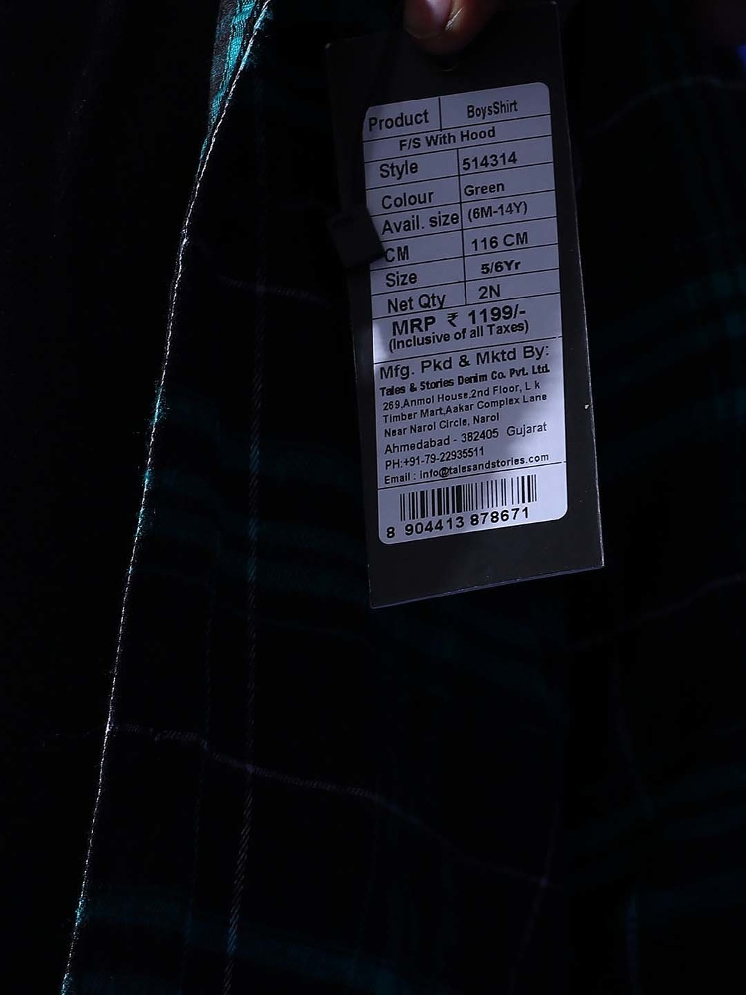 Tales & Stories Kids Grey & Green Chequered Full Sleeves Shirt