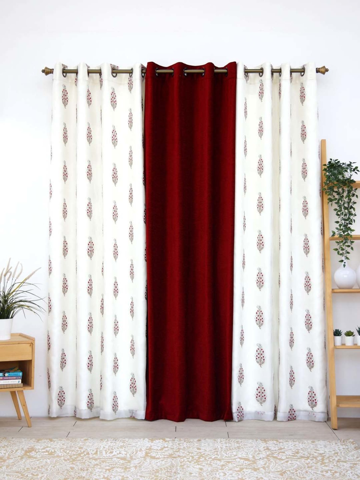 Ariana Siroi with Quince Combo Red & Off-White Polyester 5 Ft. Window Curtain - Set of 3