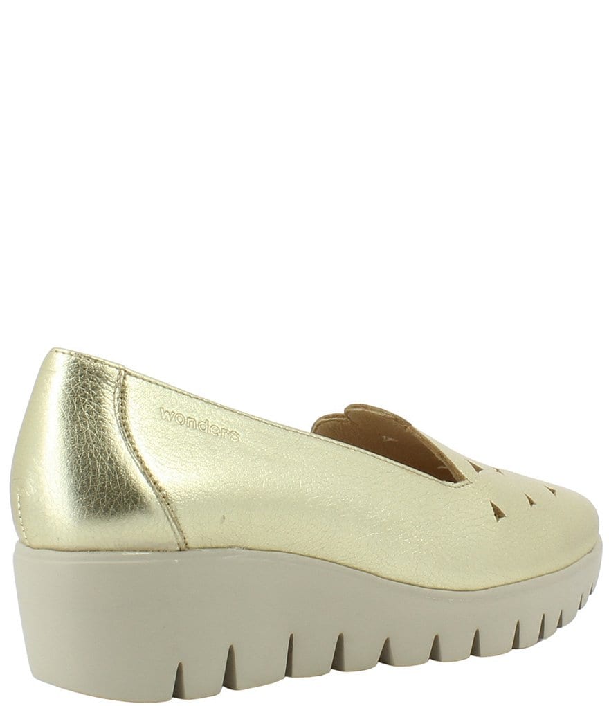Wonders Flyer Metallic Leather Platform Wedge Perforated Slip-Ons