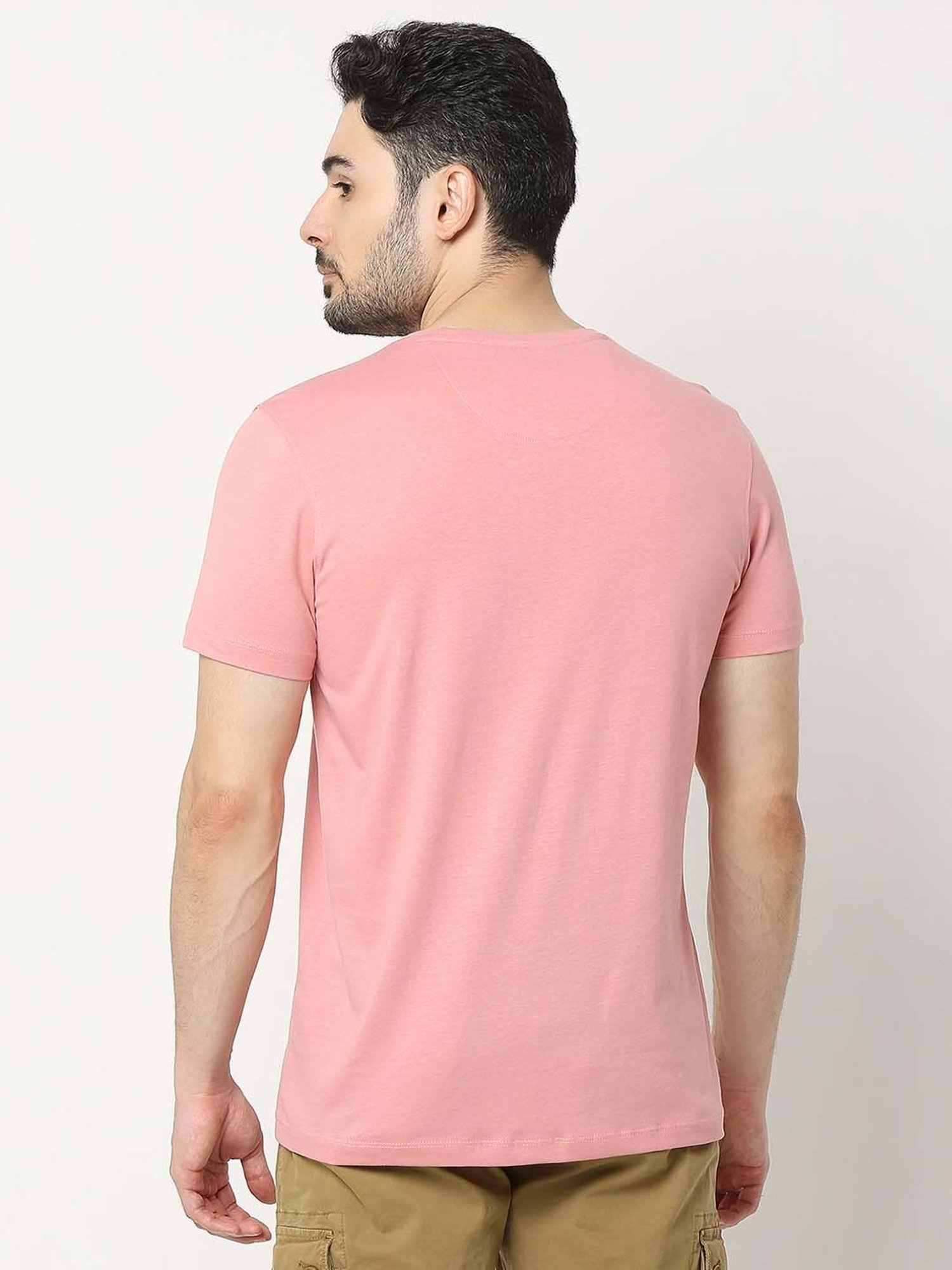 UnderJeans by Spykar Pink Regular Fit Printed Cotton Crew T-Shirt