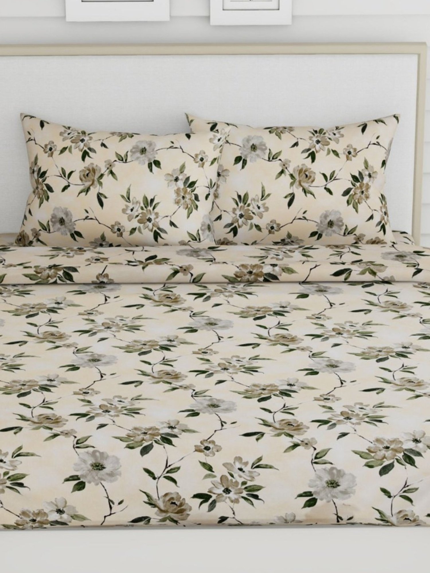 Haus & Kinder Greek Garden Romance Yellow & Greem 186 TC Cotton King Bed Sheet with 2 Pillow Covers